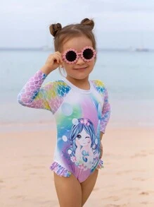 少女美人魚印花一片式泳衣,前面有襯裡,適合夏季沙灘穿著 - 彩色 - 查看 6