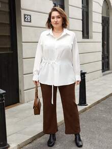 SHEIN Essnce Women'S Plus Size Belted Shirt - White - View 4