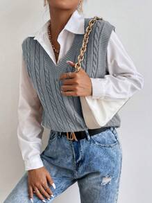 SHEIN Frenchy Women's Solid Color V-Neck Cable Knit Sweater Vest - Dark Grey - View 6