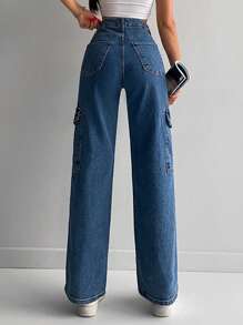 High Waist Flap Pocket Cargo Jeans - Blue - View 2