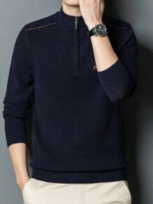 Men's Half Turtleneck Zip Front Thickened Sweater - Navy Blue - View 4