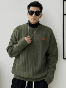 DAZY Men's Letter Patch Drop Shoulder Sweater Fall,Winter - Army Green - View 7