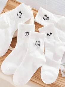 ROMWE Kawaii 5雙/套春秋隨機圖案休閒中筒襪 - 白色 - 查看 3