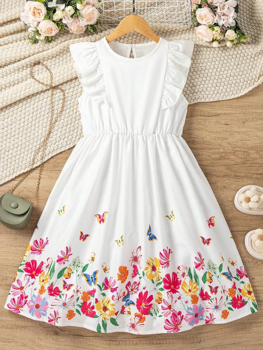 Vestido Blanco De Doble Volante Con Estampado De Mariposas Y Flores Para Niñas Preadolescentes - Blanco - Ver 1