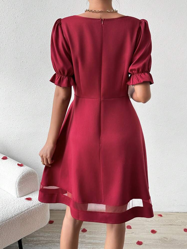 SHEIN Clasi Vestido de mujer de cuello cuadrado en unicolor con detalles de malla en contraste - Burdeos - Ver 2