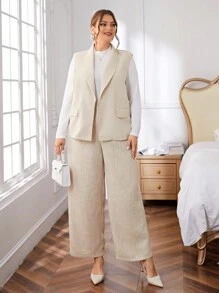 SHEIN Privé Plus Size Solid Elegant Sleeveless Blazer Jacket - Khaki - View 6