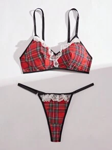 Ladies' Sexy Lace Spliced Grid Pattern Lingerie Set (Valentine'S Day Edition)