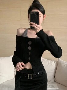 DAZY 二合一拼接挂脖镂空开衩套头长袖毛衣，秋装 - 黑色 - 查看 3