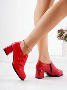 春季新款紅色低跟皮革腳踝靴女款,側拉鍊設計,舒適短靴 - 紅色 - 查看 6