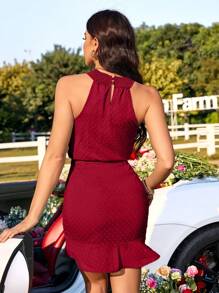 SHEIN Privé 純色抽繩荷葉邊掛脖連身裙 - 酒紅色 - 查看 2