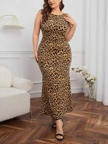 SHEIN Privé Plus Size Leopard Print Backless Dress - Khaki - View 3