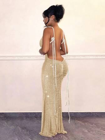 SHEIN SXY Vestido Con Tirantes Espagueti Brillante Y Sin Espalda Para Mujer
