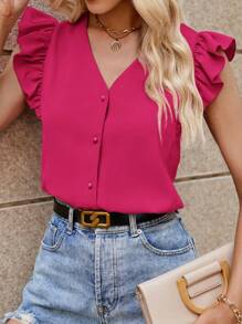 SHEIN Clasi 女士V领条纹荷叶袖衬衫 夏季女式衬衫 - 玫紅色 - 查看 5