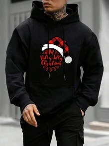 Men Christmas Print Kangaroo Pocket Drawstring Hoodie - Black - View 2