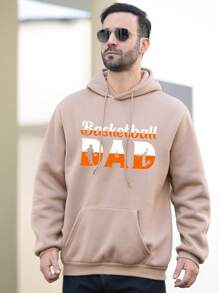 Men's Plus Size Character Letter Print Drawstring Hooded Fleece Sweatshirt - Coffee Brown - View 1