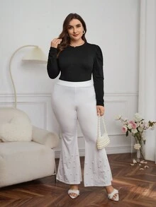 SHEIN Privé 女大尺碼純色圓領長袖休閒t卹 - 黑色 - 查看 5