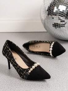 珍珠細節尖頭 8 公分女高跟鞋,黑色麂皮優雅踝帶工作鞋,ol 鞋 - 黑色 - 查看 3