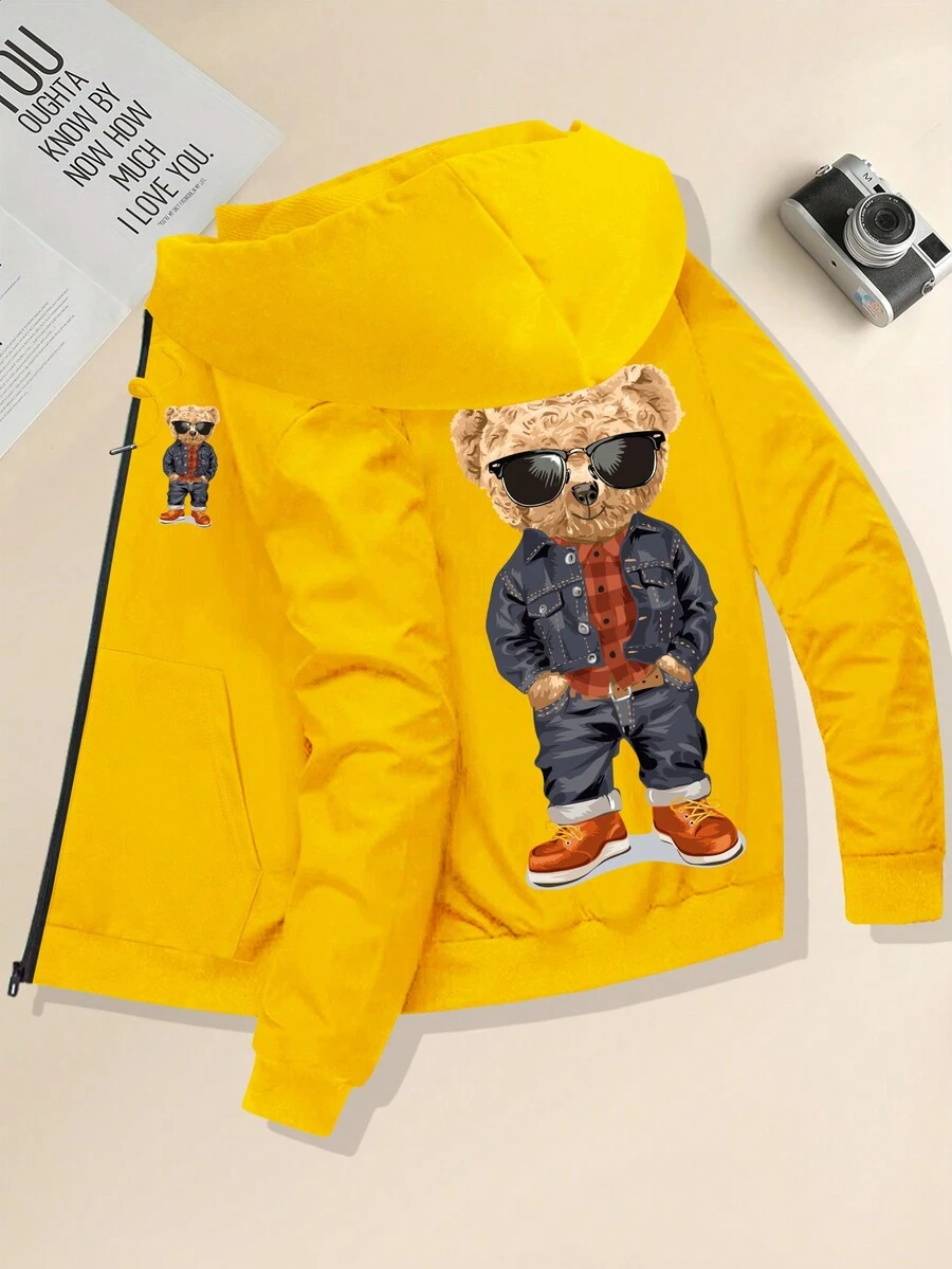 Men's Vintage Hooded Jacket With Personalized Printed Bear, Zipper Closure, Drawstring Hem For Casual/Outdoor Sports - Yellow - View 1