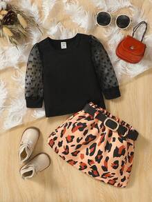 女婴波点网纱长袖上衣+豹纹腰带半裙套装，可爱街头风，春夏款 - 彩色 - 查看 3