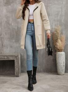 EMERY ROSE Women's Solid Color Zipper Front Hoodie With Double Pockets - Apricot - View 5