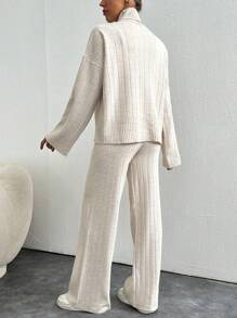 EURMUSE Solid Color Long-Sleeved Sweater And Knitted Trousers Two-Piece Set - Apricot - View 2