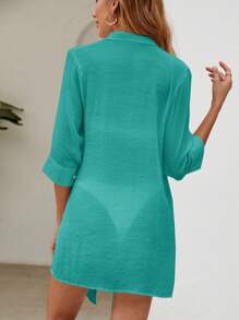 Swim Vcay Summer Beach 1pc Rolled Sleeve Button Up Kimono - Green - View 3