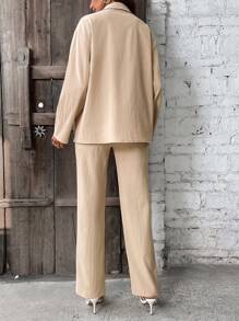 SHEIN LUNE 純色休閒2件套裝 - 卡其色 - 查看 2