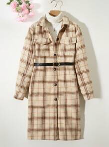 Teen Girls' Warm Plaid Pattern Long Sleeve Jacket With Buckles