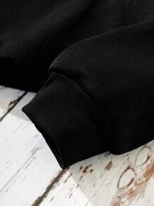 青少年女孩愛心和標語圖案加絨內裏套頭衫 - 黑色 - 查看 6