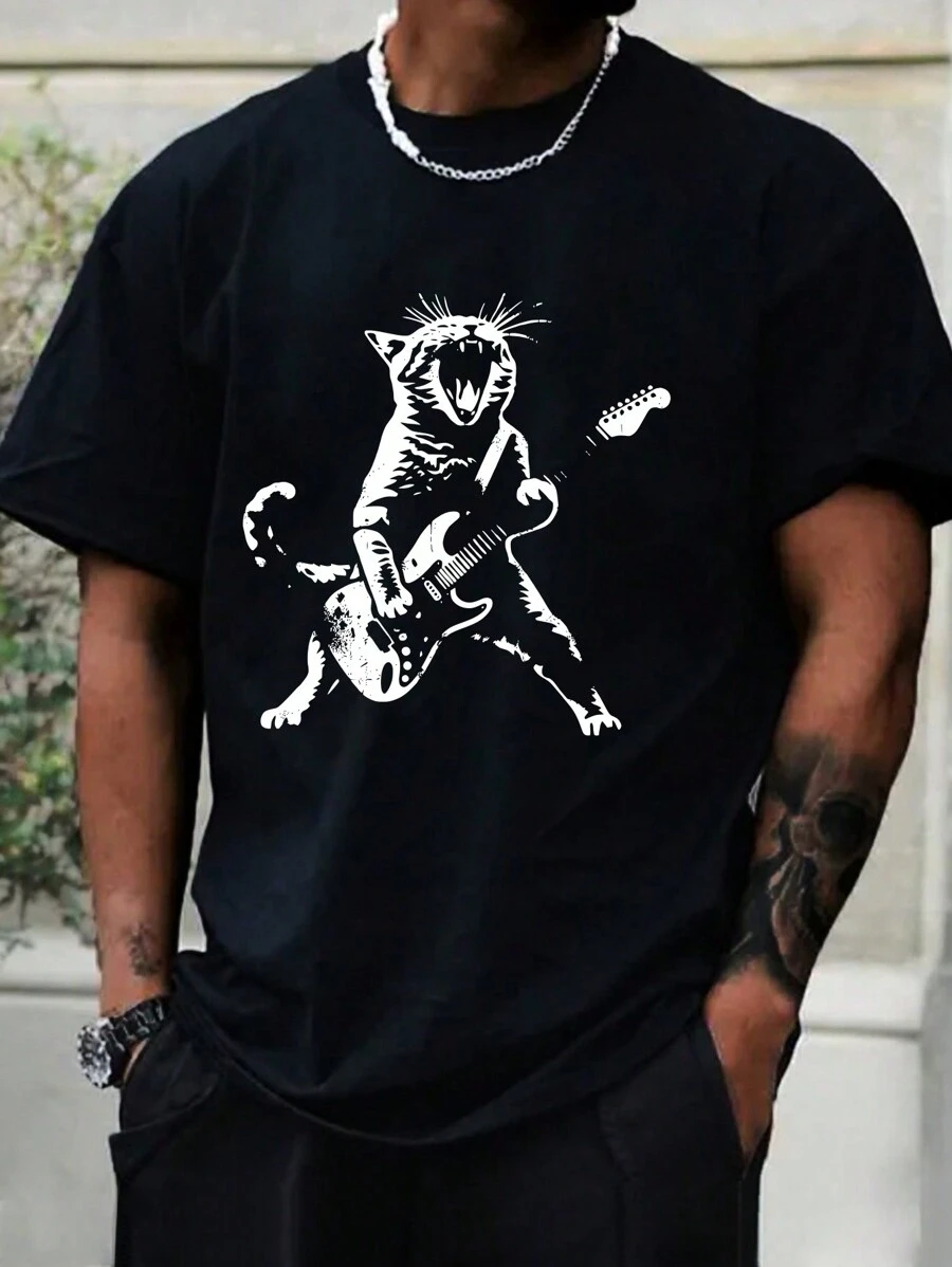 Camiseta de manga corta con estampado de gato tocando la guitarra para hombre