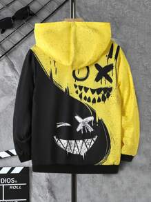 1件套青少年男孩帽衫帶毛線圖案,顏色區塊,秋季款式 - 黃色 - 查看 2