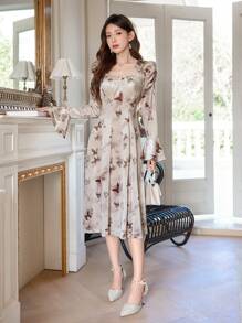 DAZY 蝴蝶图案喇叭袖连衣裙，荷叶边，秋季花卉连衣裙 - 杏色 - 查看 11