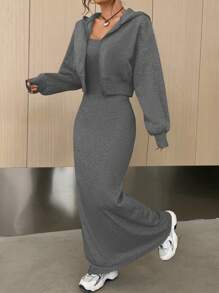 SHEIN EZwear Women'S Zipper Front Hooded Sweatshirt And Cami Dress, 2pcs/Set - Dark Grey - View 4