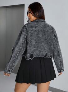 SHEIN ICON Kvinnors Plus Storlek Bedrövad Denimjacka Med Klaffickor - Svart - Visa 2