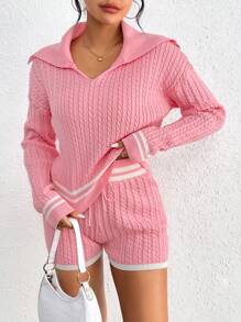 SHEIN Essnce Của phụ nữ Khối màu Cable Áo len dệt kim Và Quần short Hai chiếc Bộ - Hồng - Xem 1