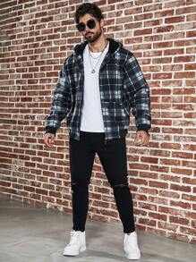 Áo khoác nam cỡ lớn kẻ caro có mũ lót nhiệt có dây rút - Đen và trắng - Xem 8