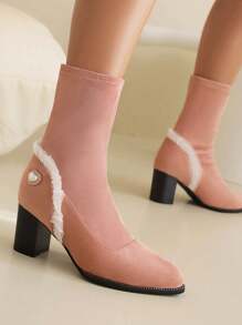 Pink Elastic Slim Fit High-Heeled Short Boots, Suitable For Spring & Autumn Dating - Dusty Pink - View 1