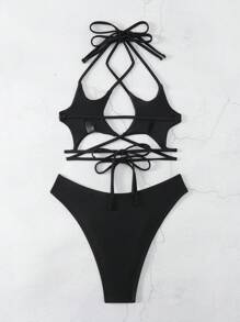 SHEIN Swim Conjunto de bikini de forma de estrella con parte superior halter y Bottom triangular para la playa de verano - Negro - Ver 5