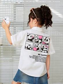 SHEIN 年輕女孩熊貓標語印花寬鬆短袖襯衫 - 白色 - 查看 1