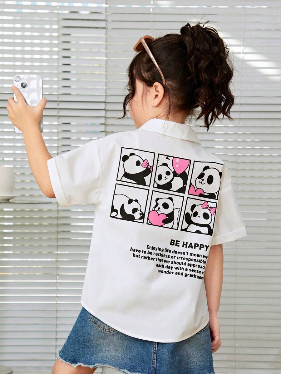 SHEIN 年輕女孩熊貓標語印花寬鬆短袖襯衫 - 白色 - 查看 1
