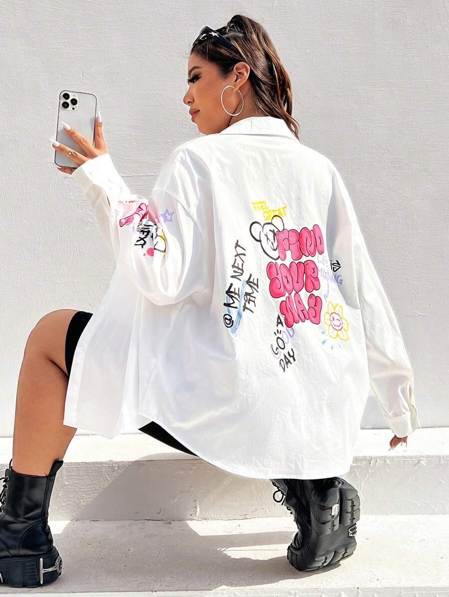 SHEIN EZwear 大码女式字母印花梭织衬衫 - 白色 - 白色 - 查看 1