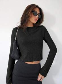 Siren Gaze 女士返校衬衫修身衬衫灰色罗纹针织不对称开叉下摆喇叭袖圆领休闲 T 恤秋季