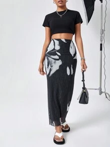 SHEIN Essnce Mesh Print Long Skirt - Black - View 3