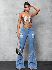 SHEIN SXY Women'S Frayed Hem Flare Leg Denim Jeans - Multicolor - View 4