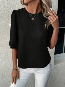 EMERY ROSE Solid Round Neck Medium Sleeve Shirt - Black - View 5