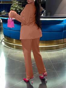 Slaydiva 女士純色翻領單鈕西裝外套+褲子套裝 - 棕色 - 查看 2