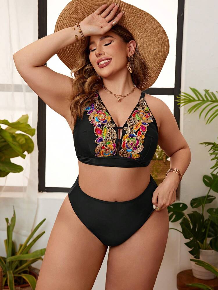 Women's Plus Size Floral Embroidery Bikini Set Carnival Summer Beach