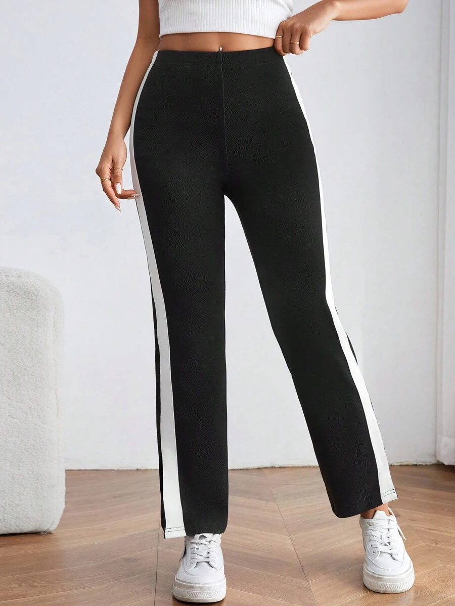 SHEIN PETITE Contrasting Side Seam Pants ,Petite Women - Black and White - View 1