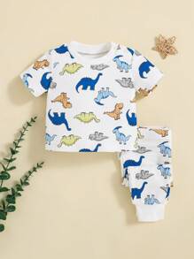 SHEIN Em bé Con trai Khủng long Cartoon Mẫu Vòng cổ Ngắn tay Bộ áo và quần Pajama - Nhiều màu - Xem 1