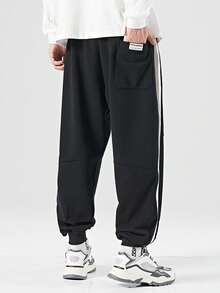 男士加大尺寸寬鬆修身對比側縫休閒運動褲 - 黑色 - 查看 8